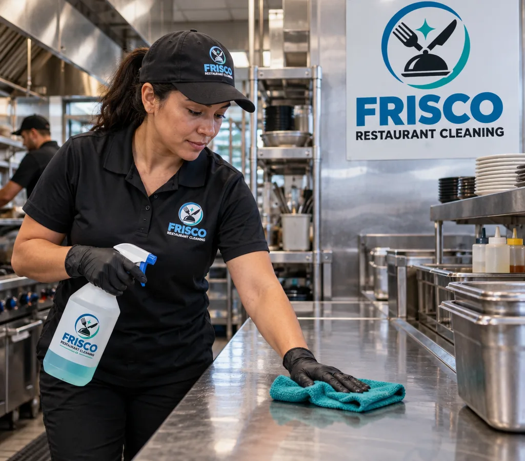 Uniformed cleaning technician sanitizing a stainless restaurant prep area