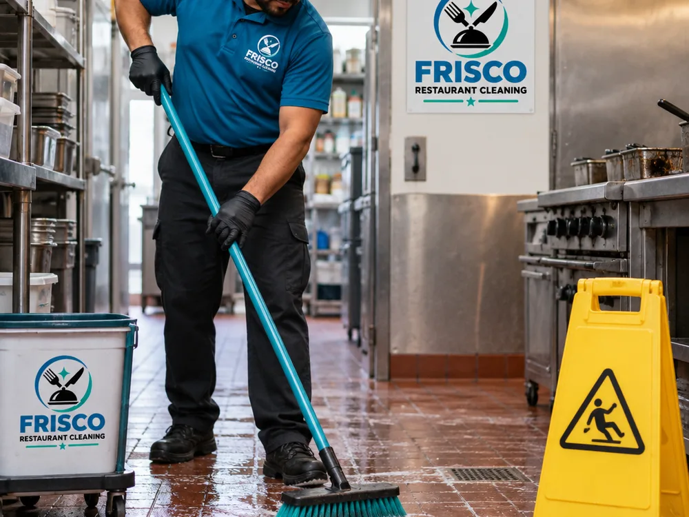 Cleaner degreasing a commercial restaurant floor with wet floor signage visible