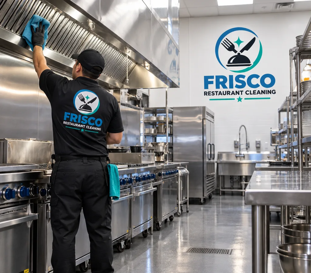 Spotless commercial restaurant kitchen with stainless equipment, clean floors, and a visible hood line after an overnight clean
