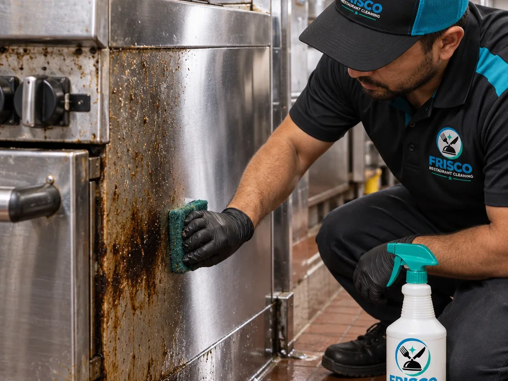 Technician hand-detailing grease buildup on a stainless commercial range and adjacent wall base