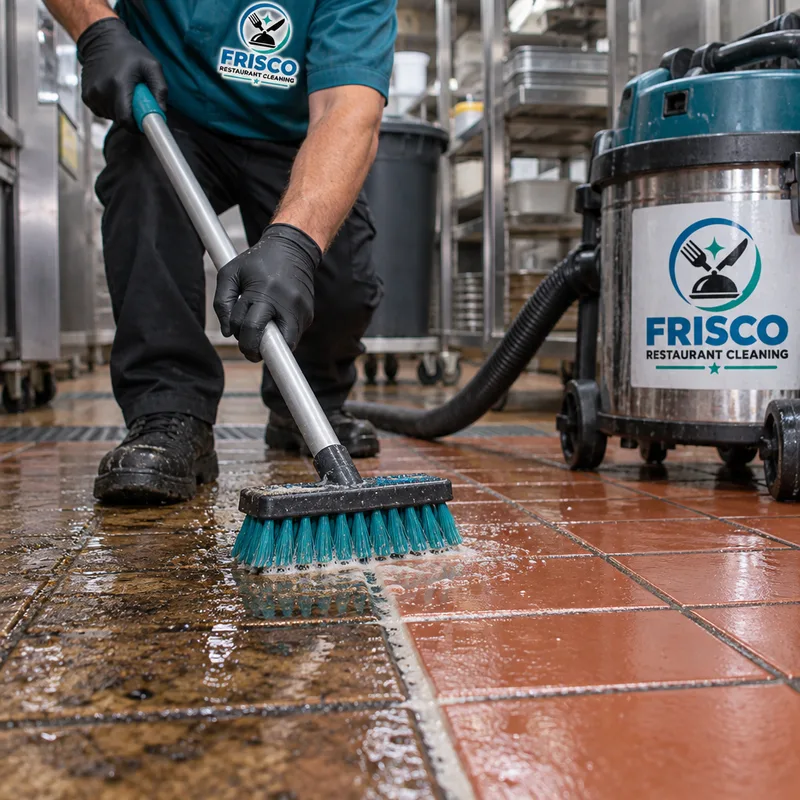 Technician scrubbing greasy quarry tile and grout in a restaurant kitchen with a deck brush and wet vacuum nearby