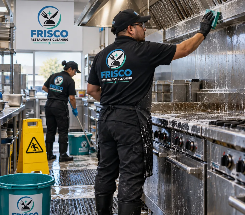Commercial kitchen line in Frisco being deep cleaned by a crew wearing PPE, with stainless surfaces, hood areas, and equipment fronts being degreased