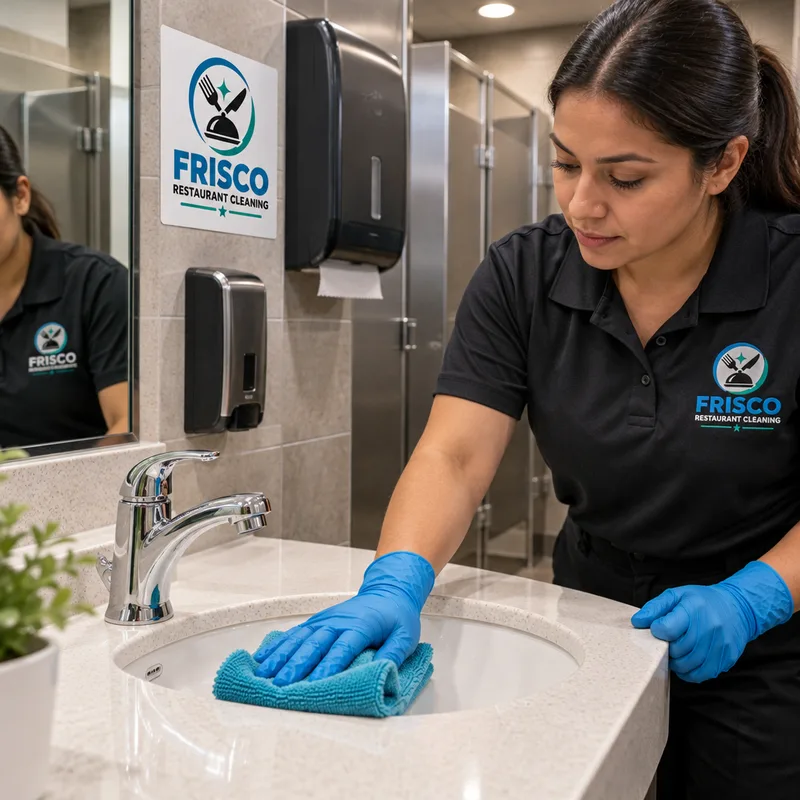 Spot-free restaurant restroom sink, faucet, mirror, counter, partitions, and aligned dispensers