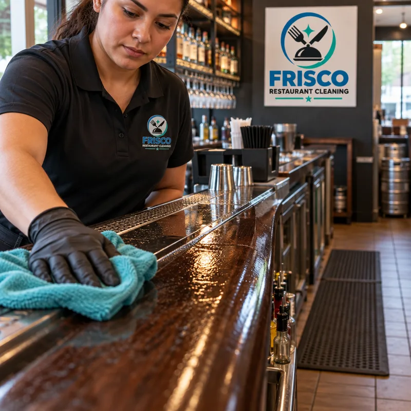 Clean restaurant bar top and rail with sticky residue removed and a dry floor behind the service area
