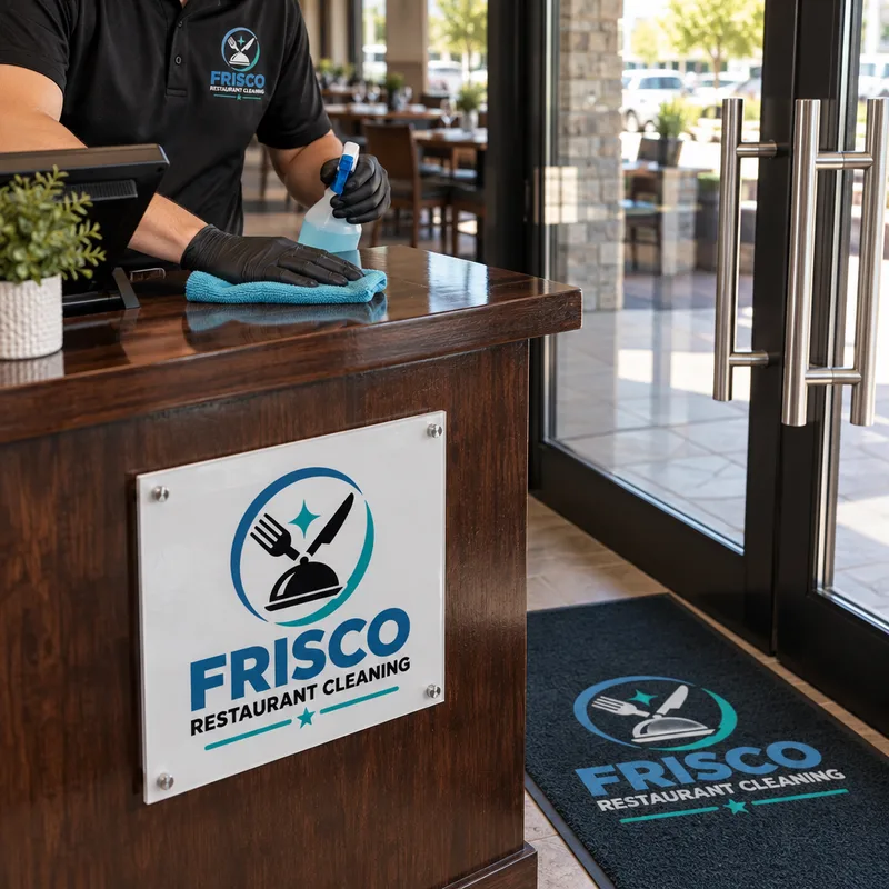 Sanitized host stand, streak-free entry glass, polished door handles, and a clean floor-mat area