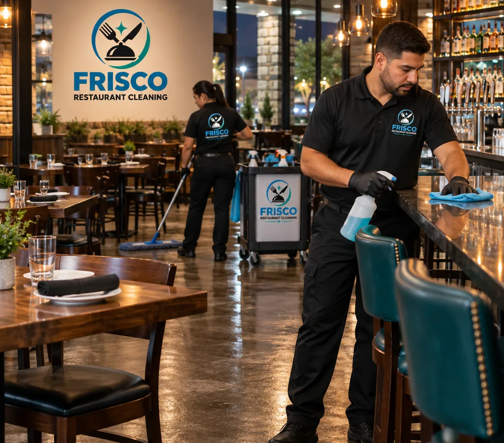 After-hours restaurant cleaning in a Frisco dining area with reset tables, drying floors, and freshly wiped bar surfaces