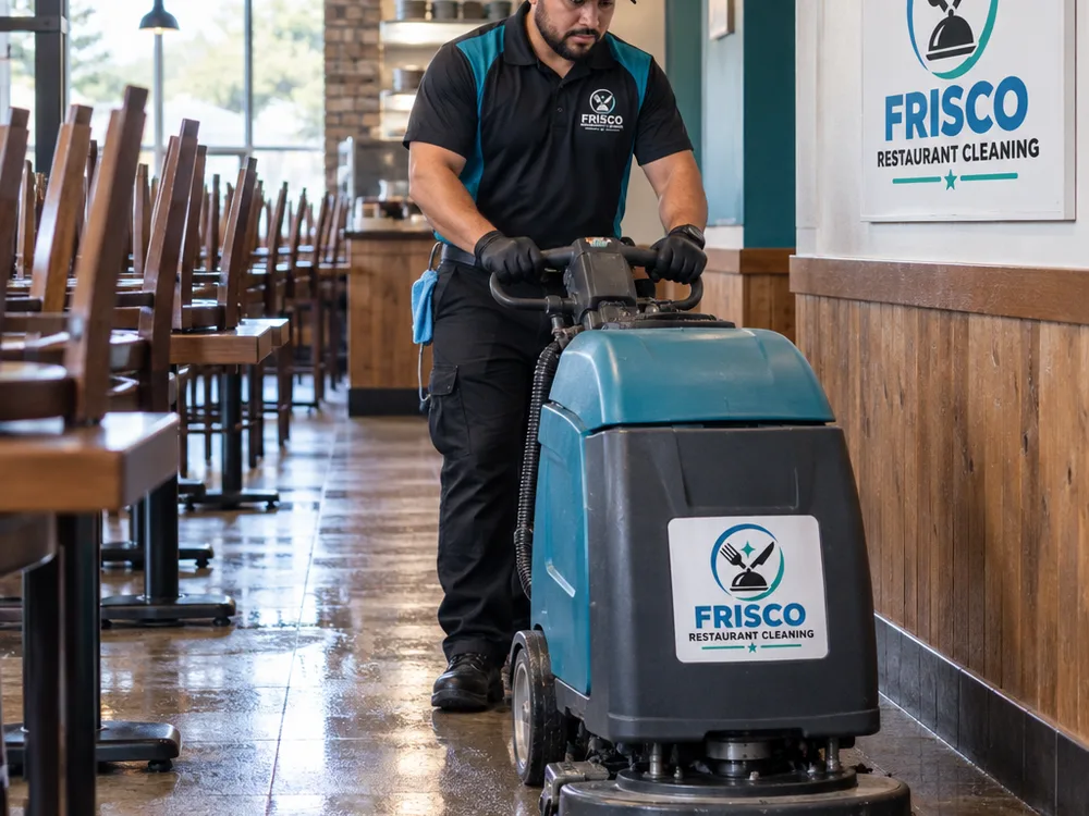 Technician cleaning a restaurant dining-room floor with a commercial scrubber along aisles and baseboard edges