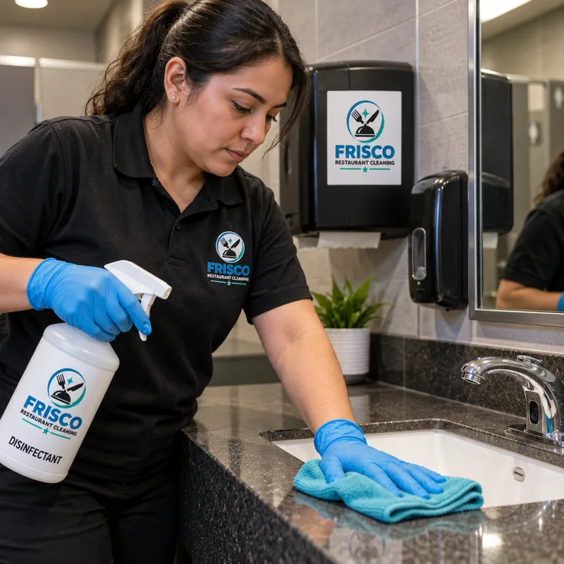 Night cleaner sanitizing a restaurant restroom sink and counter with disinfectant, microfiber cloths, and gloves