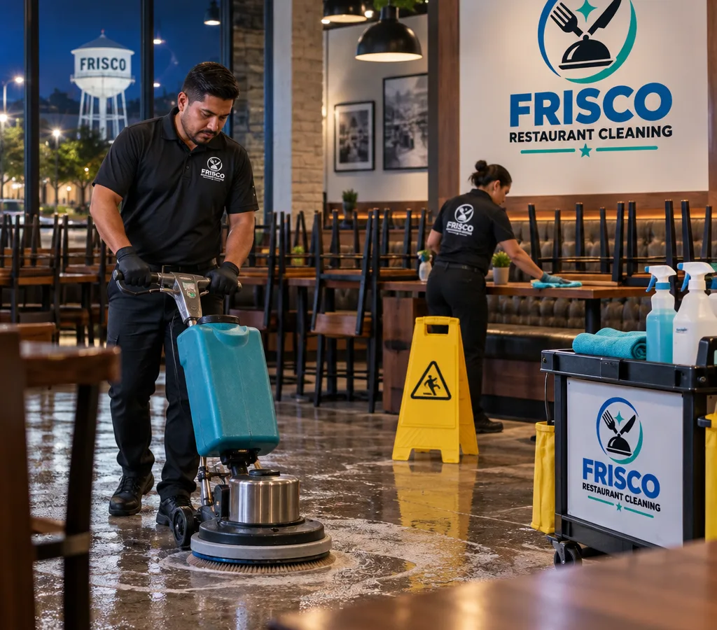 After-hours janitorial crew cleaning a Frisco restaurant dining room with chairs raised, wet-floor signs, and floor-scrubbing equipment