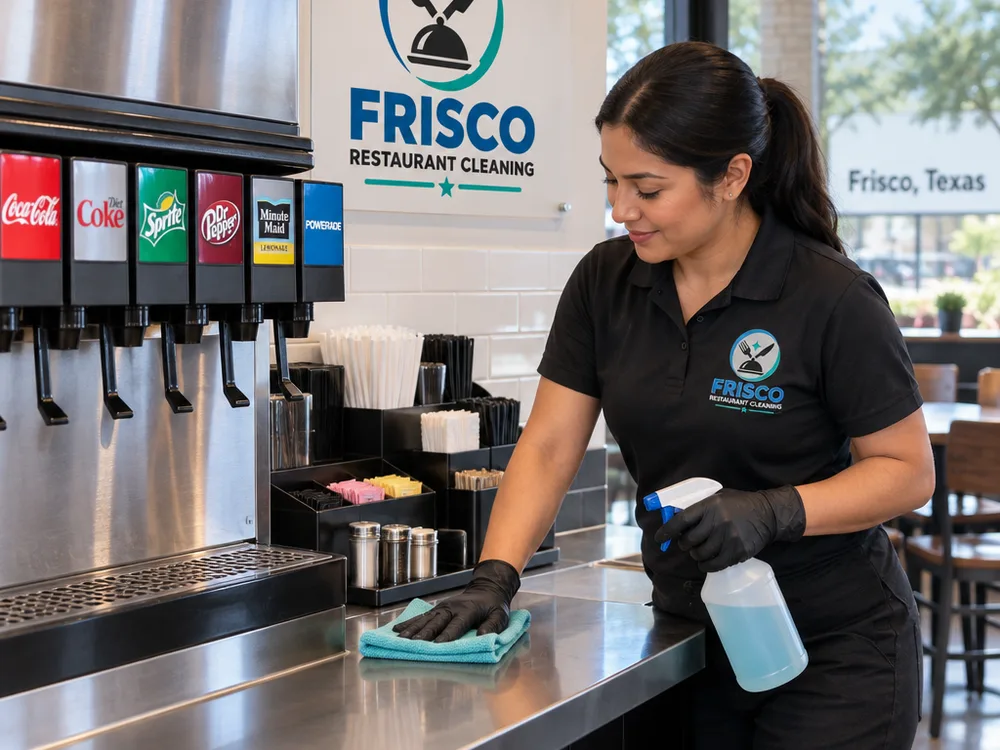 Clean restaurant service station and beverage area with sanitized touchpoints and residue-free counters