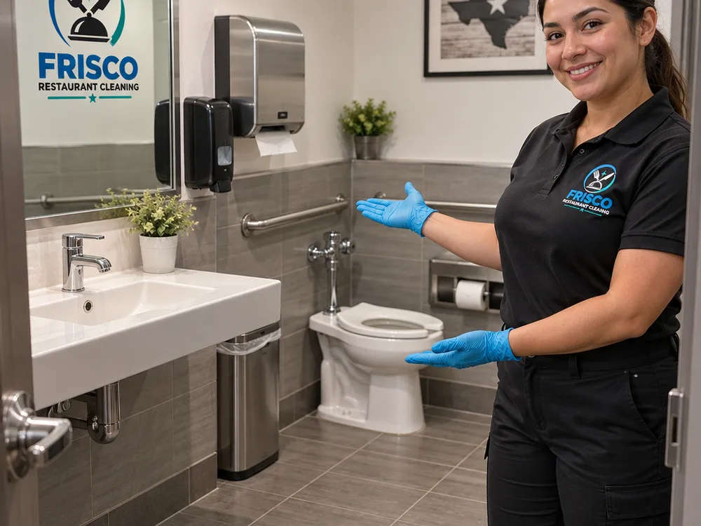 Restaurant restroom at opening with clean mirror, stocked dispensers, sanitized fixtures, and a dry floor