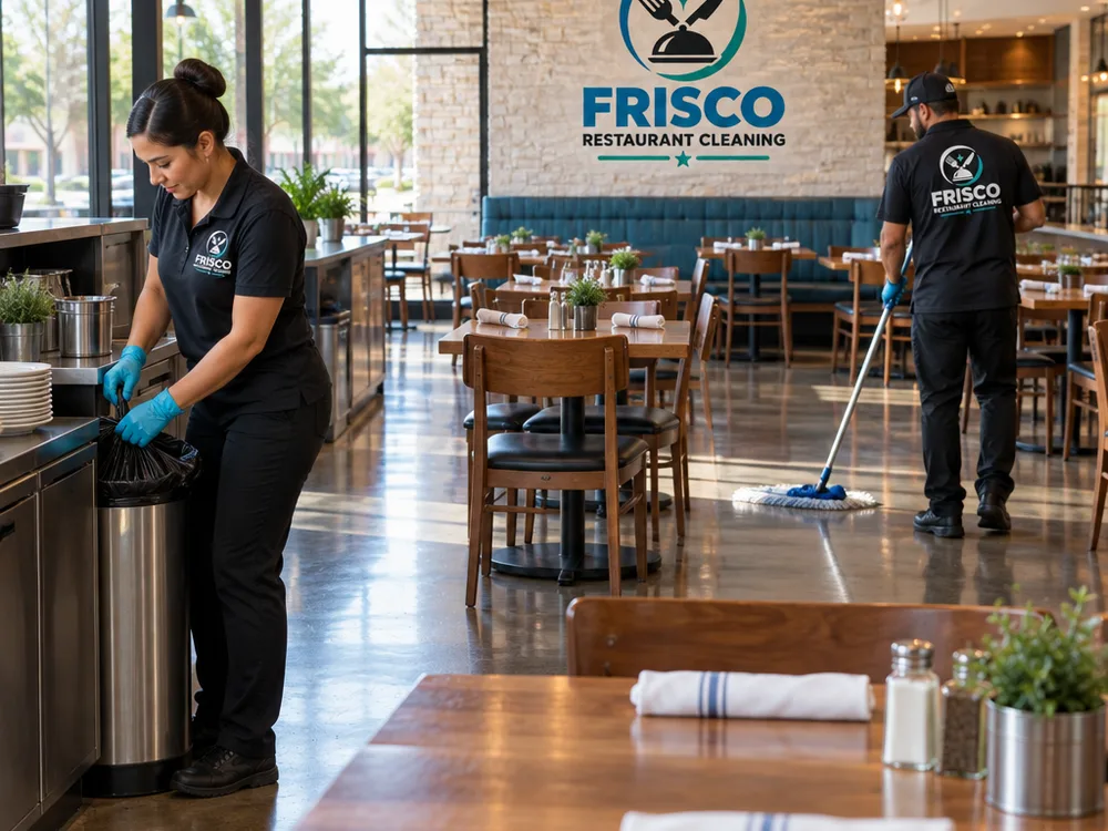 Restaurant dining room at opening with clean floors, wiped tables, aligned chairs, and trash-free service stations