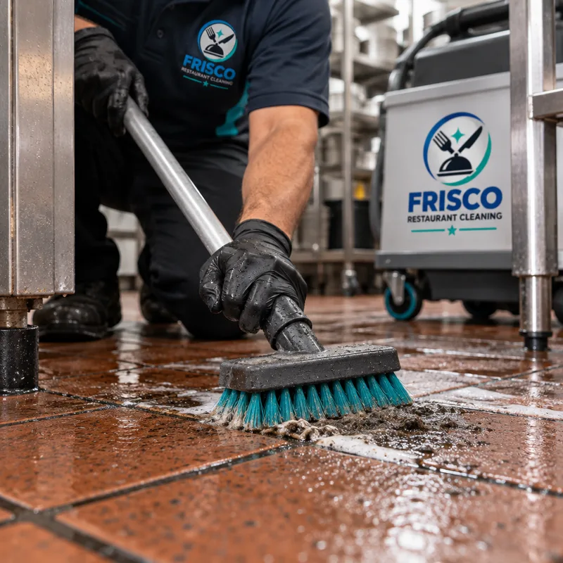 Close-up of grout lines and textured commercial kitchen tile during agitation, with visible soil being lifted before extraction