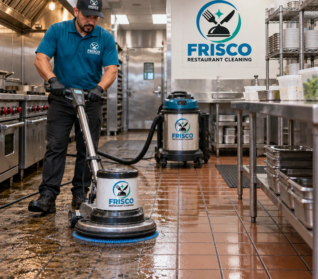Technician cleaning a commercial kitchen tile floor with a rotary scrubber and wet vac, showing a visibly cleaner path through a prep area