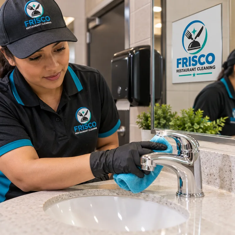 Restaurant restroom sink and faucet after sanitation with clean counter edges and a streak-free mirror