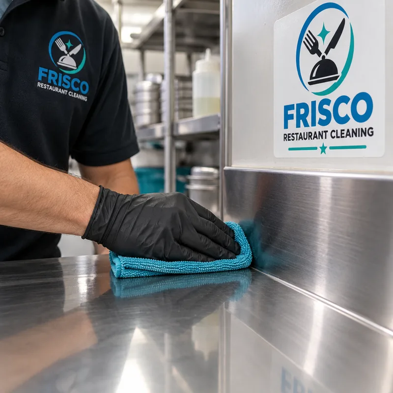Cleaned stainless prep table and backsplash with reflective surfaces and detailed seams and edges
