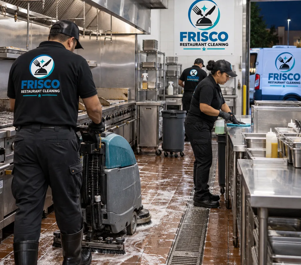 After-hours restaurant team cleaning a commercial kitchen line and adjacent prep area with stainless surfaces, floor drains, and a floor scrubber
