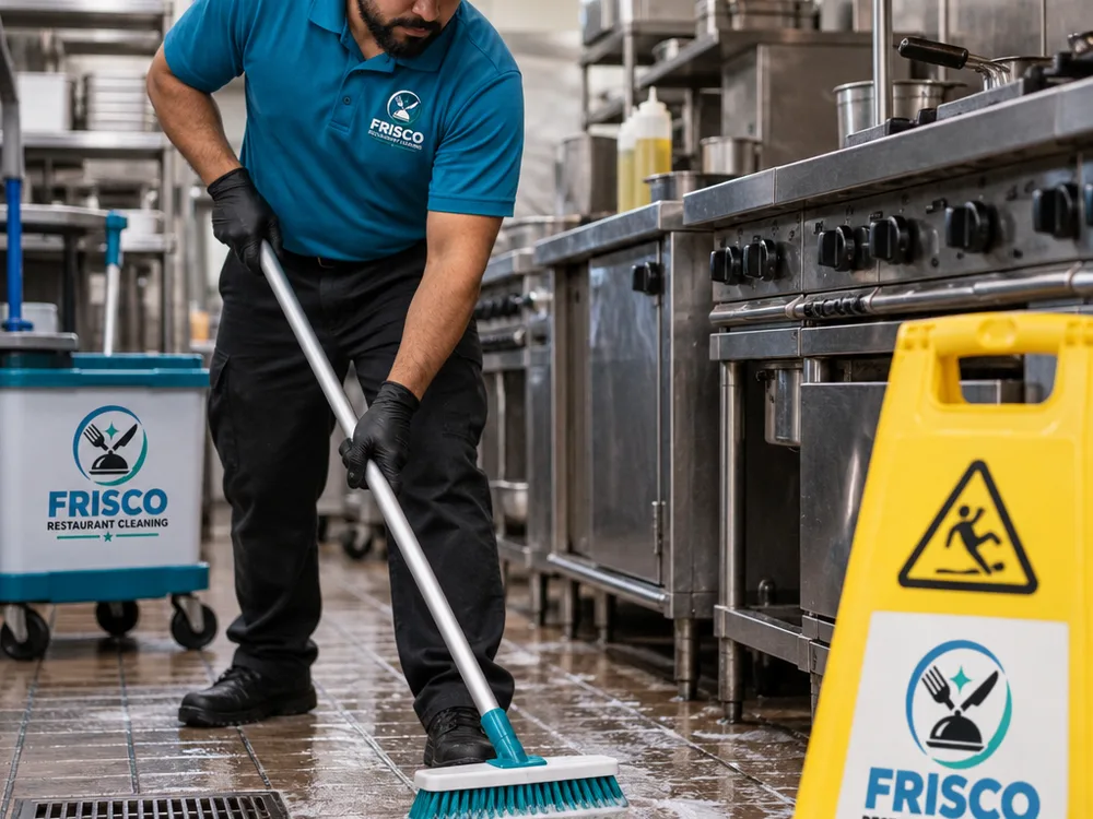 Cleaner detail-scrubbing a commercial kitchen tile floor at the cook line edge near a floor drain and wet-floor sign