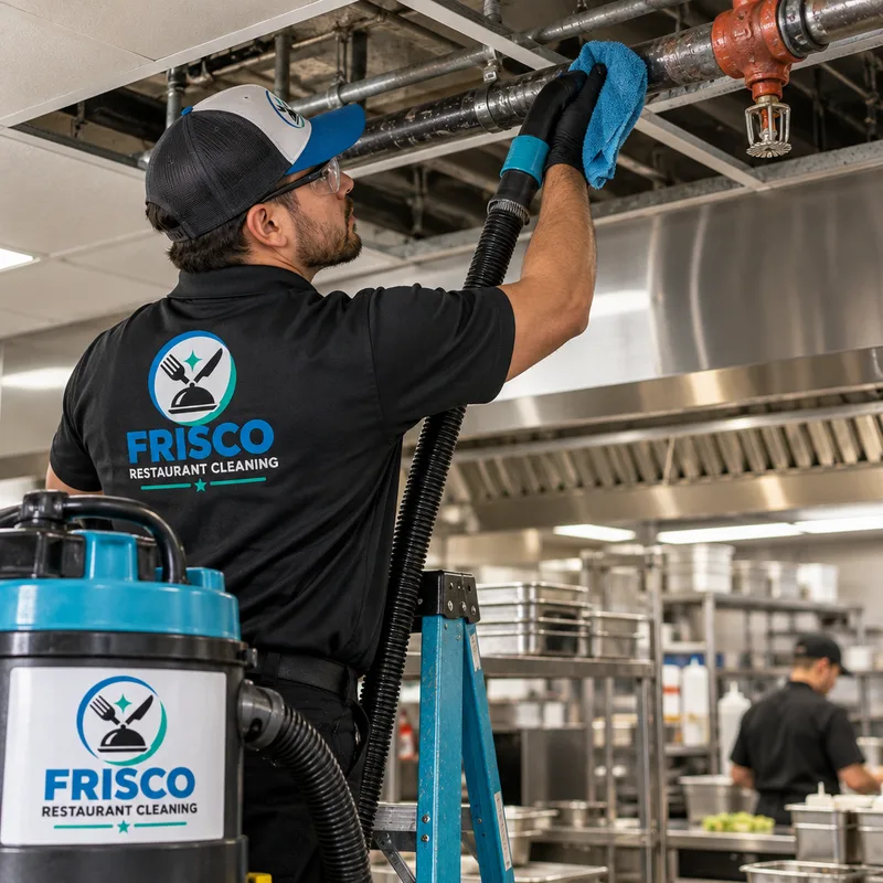 Technician using microfiber and a HEPA vacuum to clean overhead pipes and ceiling grid above a commercial kitchen prep area