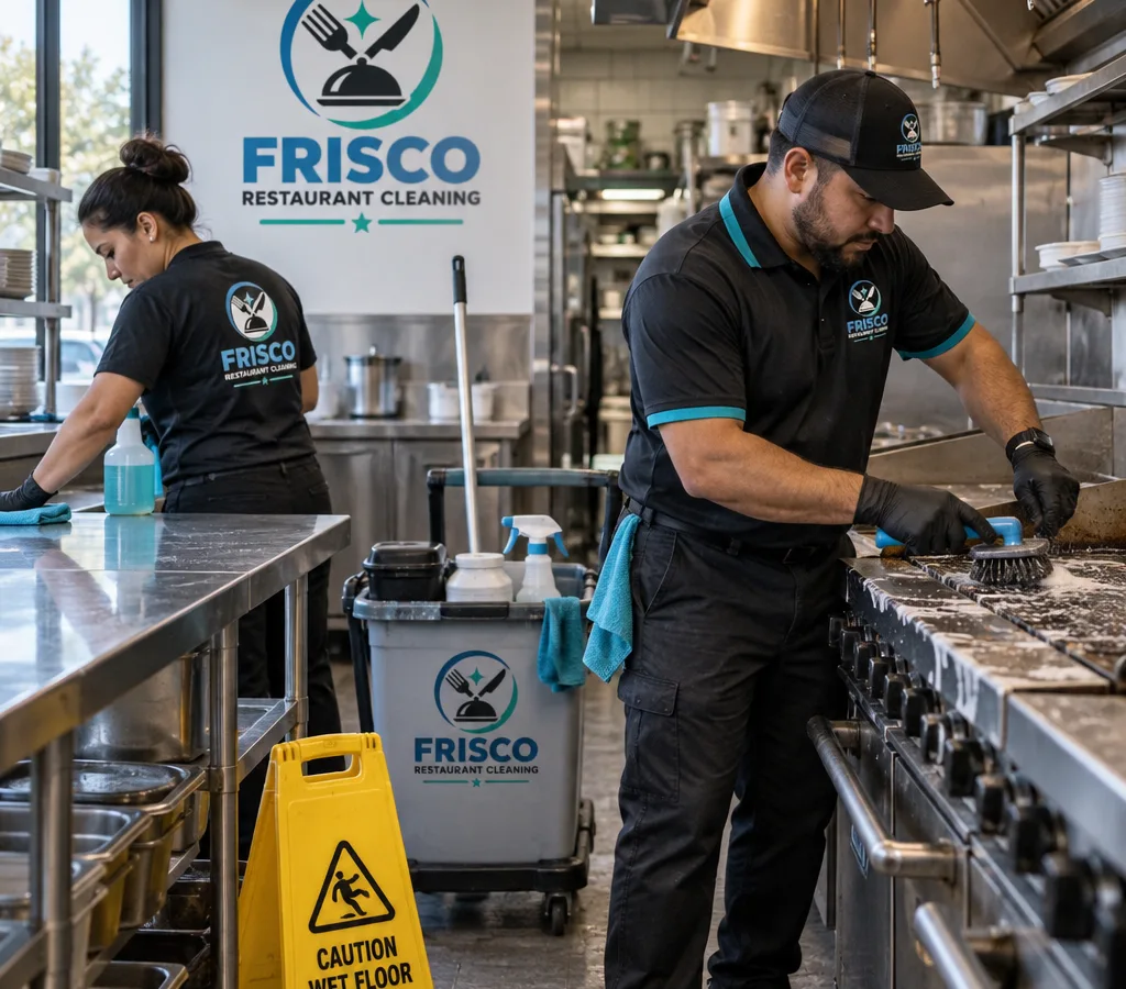 Commercial kitchen crew cleaning stainless prep tables and a cook line with degreasing tools and caution signage