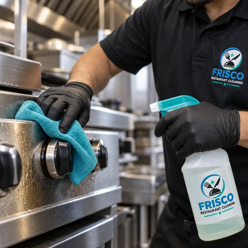 Gloved technician detailing commercial kitchen equipment handles and control knobs with a microfiber cloth