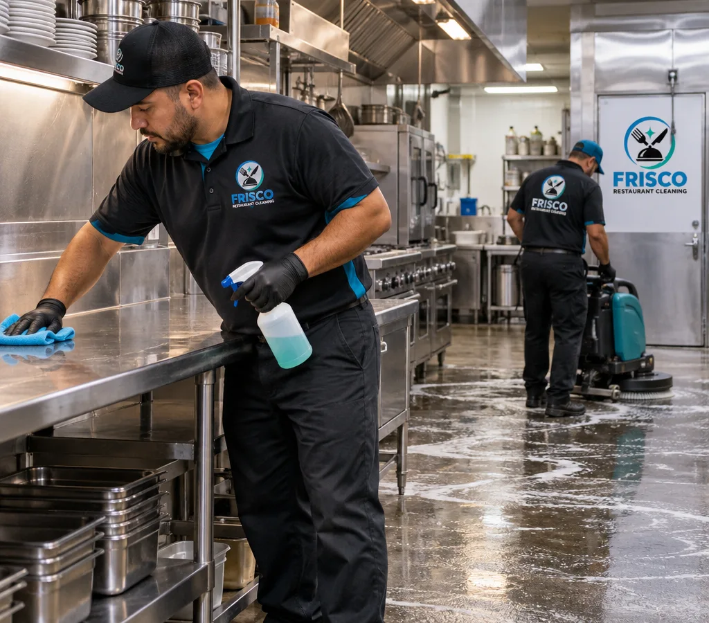 After-hours technician cleaning stainless prep surfaces while a commercial kitchen floor is scrubbed and degreased