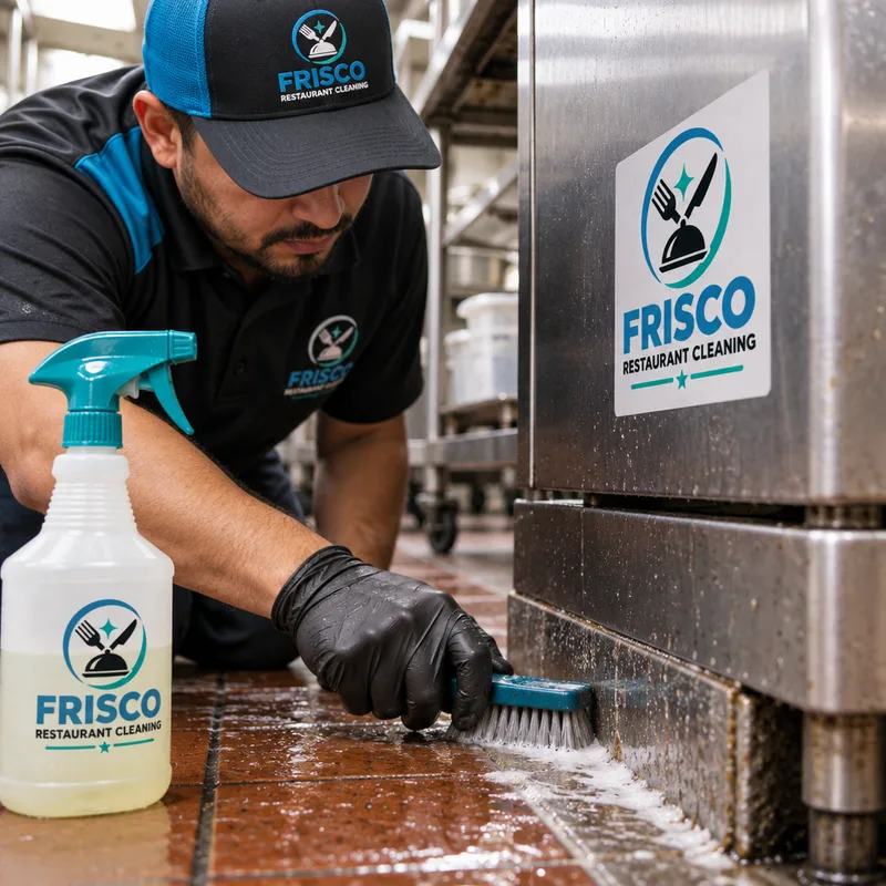 Technician degreasing a commercial kitchen floor edge and baseboard near stainless equipment