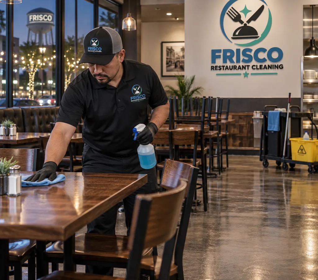 After-hours restaurant dining room being cleaned, with tables and chairs wiped down and freshly mopped floors ready for the next day