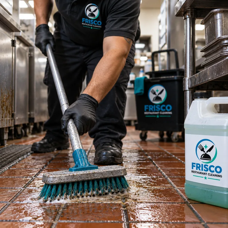 Technician scrubbing greasy grout and quarry tile with a deck brush and degreaser in a commercial kitchen walkway