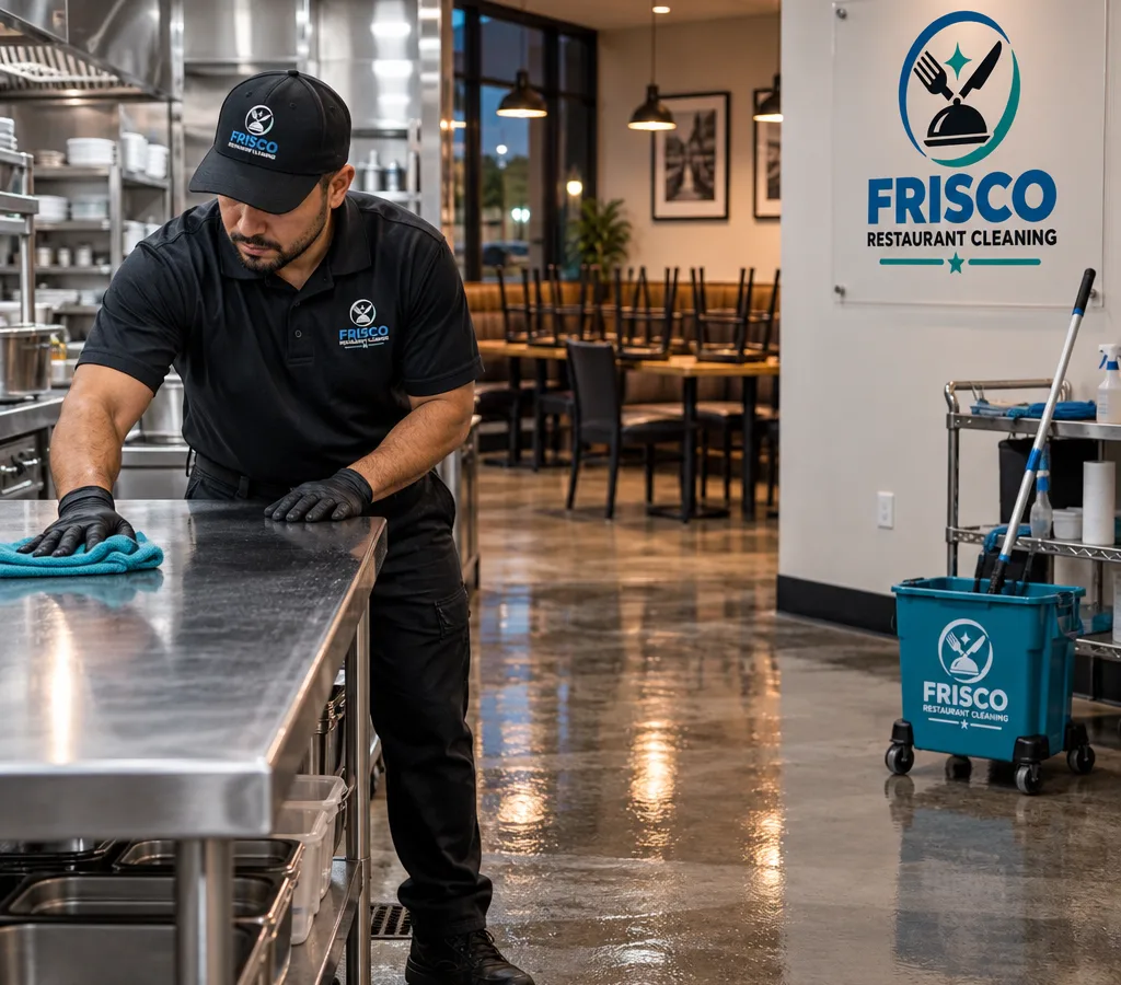 After-hours restaurant cleaning with a technician wiping stainless prep tables, freshly mopped floors, and a clean dining area in the background