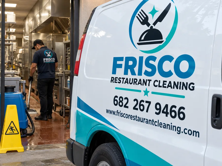 Technician working in a narrow commercial kitchen corridor, cleaning in sections with caution cones and staged equipment to keep access paths clear