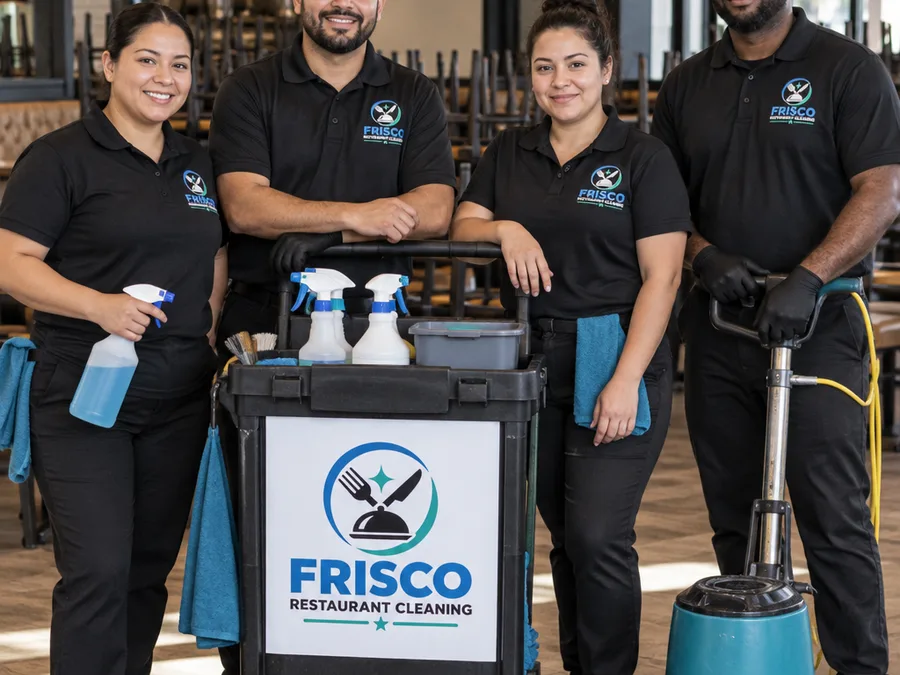 Uniformed restaurant cleaning crew with equipment in a closed dining room