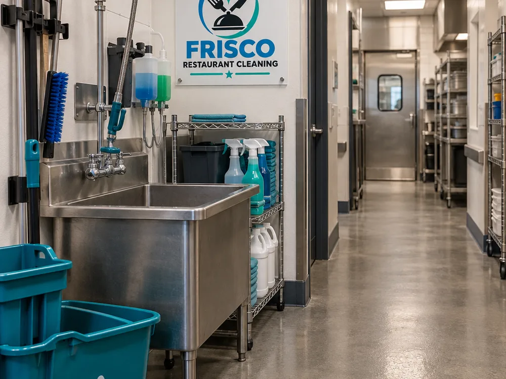 Clean and organized back-of-house corridor and mop sink area with detailed floors and baseboards